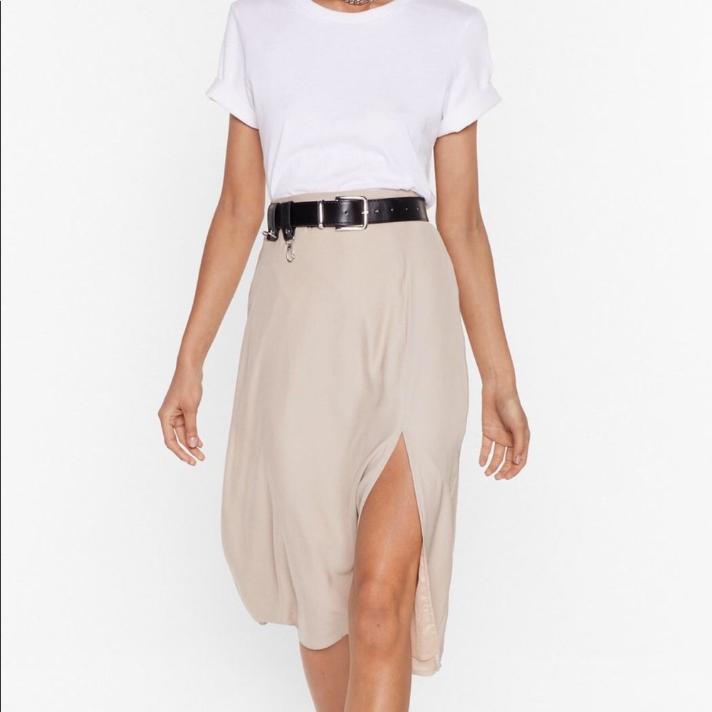 NEW Nasty Gal Tan Silk Midi Slip Skirt with Slit